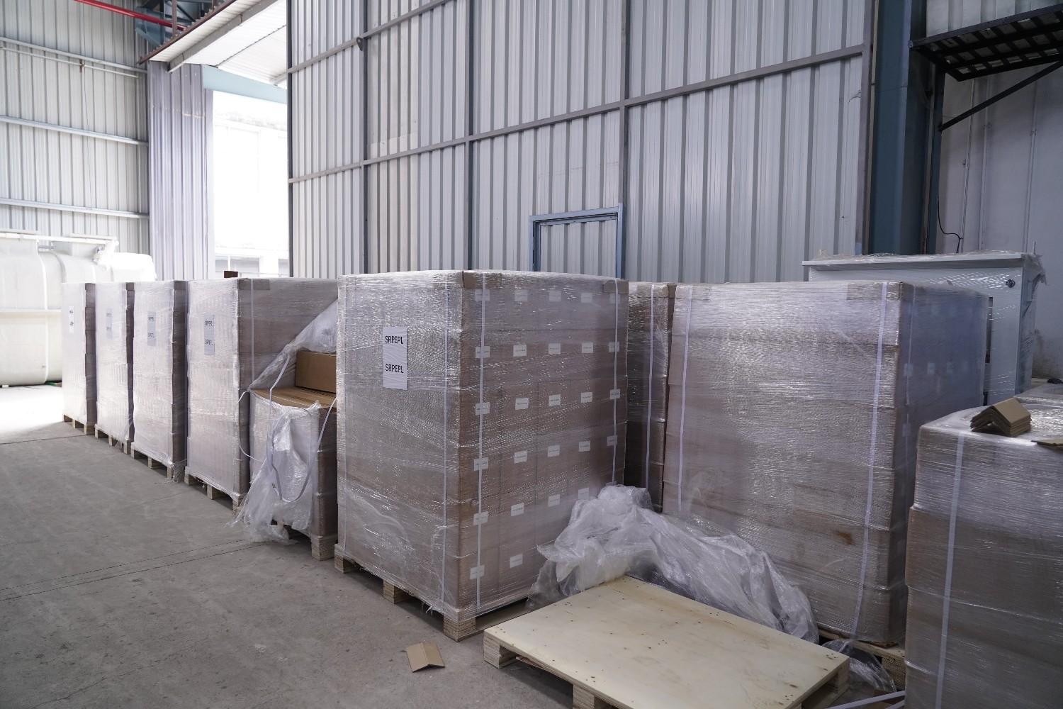 Packaged UF and RO drinking water units ready for dispatch from SR Paryavaran Engineers